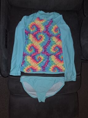 wonder nation Turquoise Tie-Dye Long Sleeve Rash Guard Swim Set Girls Sz 14/16